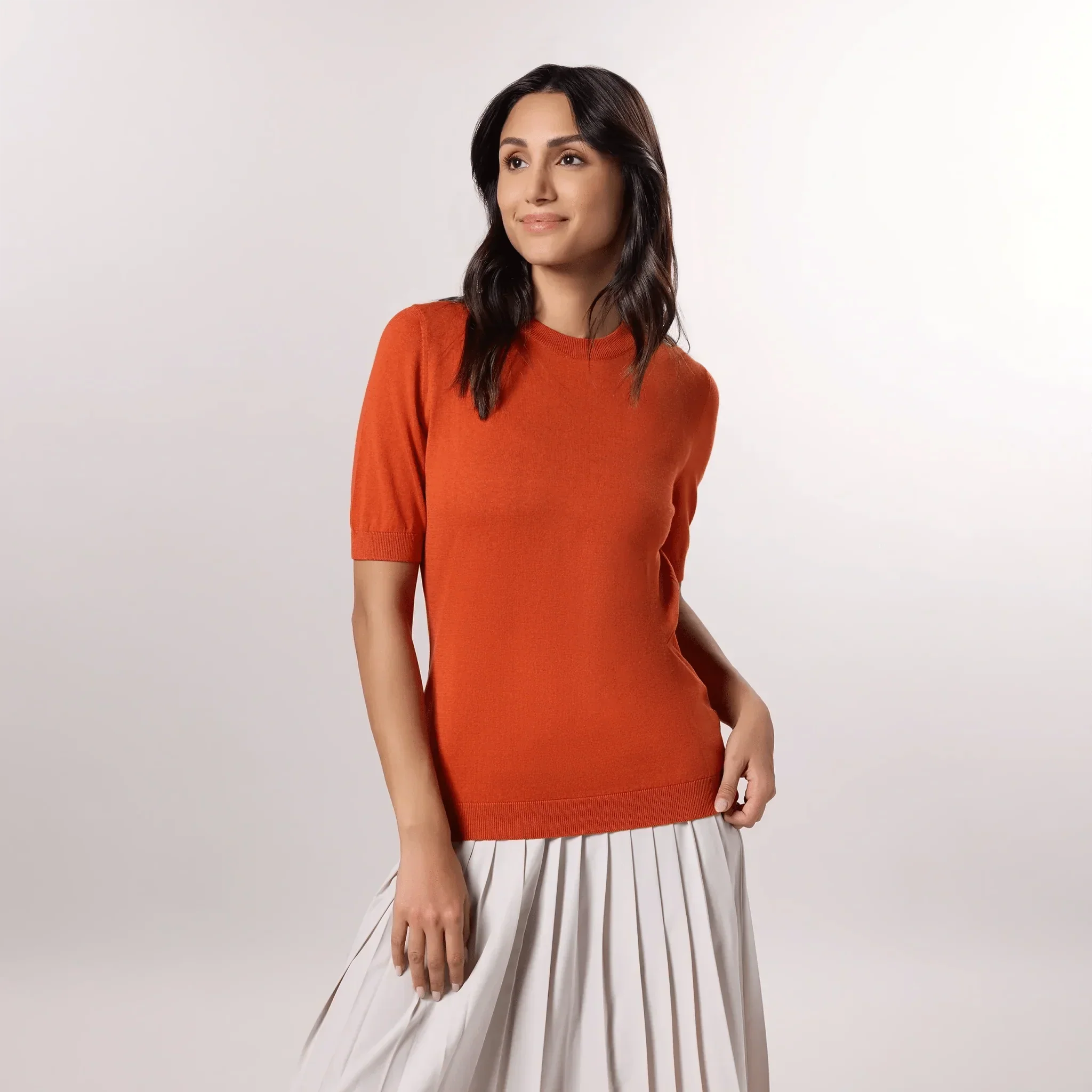 Short Sleeve Knit Sweater - SEASONAL ORANGE