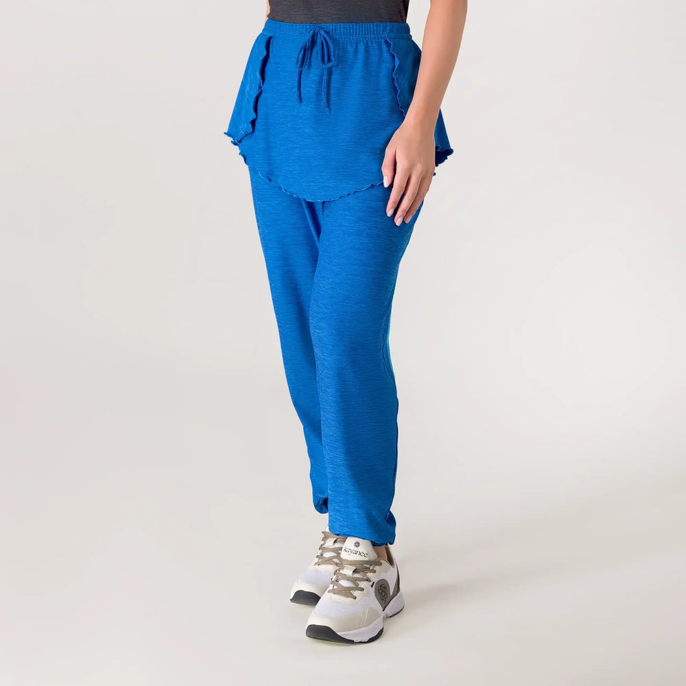 Blue Inner Beat Dance pants with attached skirt overlay from the Kayanee Dance Fit (KDF) collection - بنطال "إنر بيت دانس" باللون الأزرق مع تنورة خارجية من مجموعة كياني دانس فيت